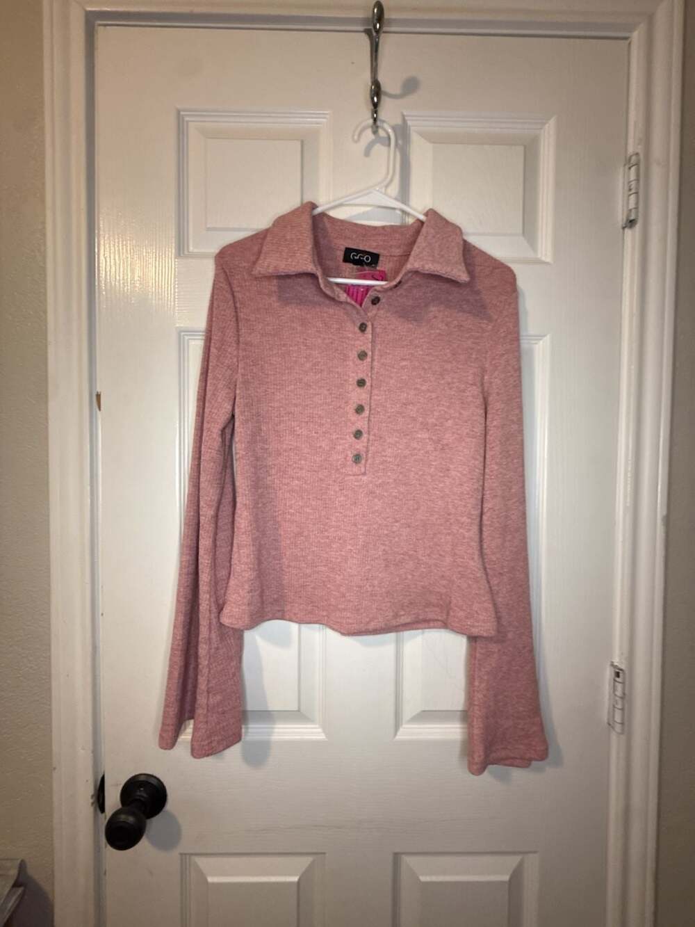 GiGiO Women's Ribbed Knit Henley Long Sleeve Top with Bell Sleeves